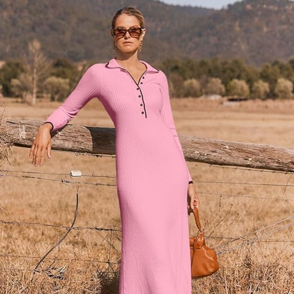 MEROKEETY Women's Long Sleeve V Neck Sweater Dress Button Ribbed Knit Slim Fit